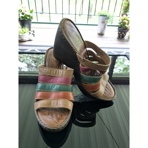 Born Sandals Womens 9 (40.5 )Leather Multicolor Strap Boho Platform Wedge Slide - Picture 1 of 15
